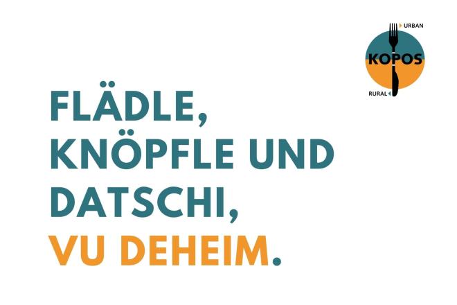 Postkarte: Flädle, Knöpfle und Datschi, vu deheim.